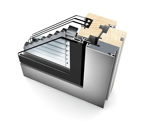 HV 350 - zespolone okno drewniano-aluminiowe ze zintegrowaną żaluzją i baterią solarną